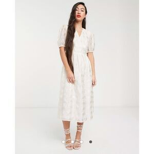 Glamorous Bloom Faux Wrap Midi Dress Volume Sleeve in Organza Check Size 4 Cream